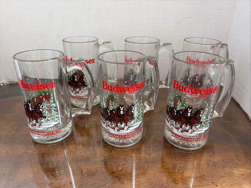 6 - 1989 Vintage Clydesdales Budweiser Collectible Holiday Glass 12 oz Beer Mugs